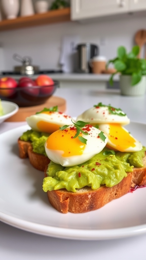 Avocado toast with eggs on a plate, garnished with herbs and red pepper flakes.